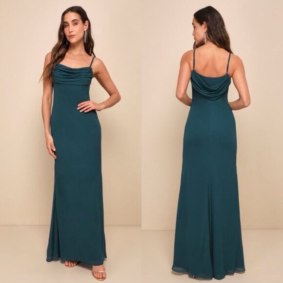 Lulus | Captivated Emerald Teal Green Cowl Neck Maxi Dress - Picture 1 of 7